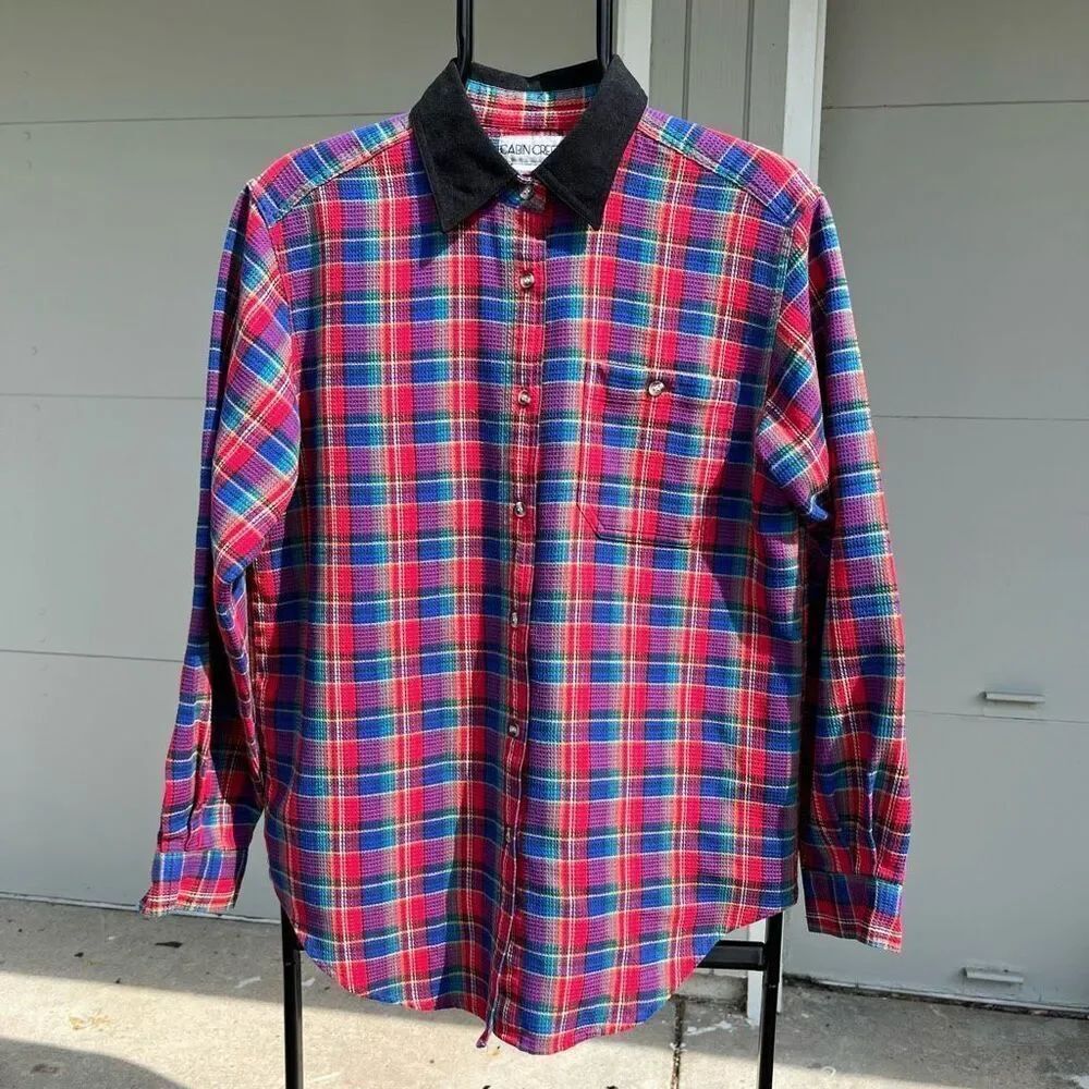 VTG Cabin Creek Plaid Button Down Waffle Shirt Contrast Collar Grunge M